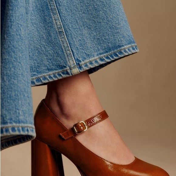 NIB Sezane Georgia Brown Patent Leather Mary Janes Platform Heels Pumps 37 - Picture 2 of 8